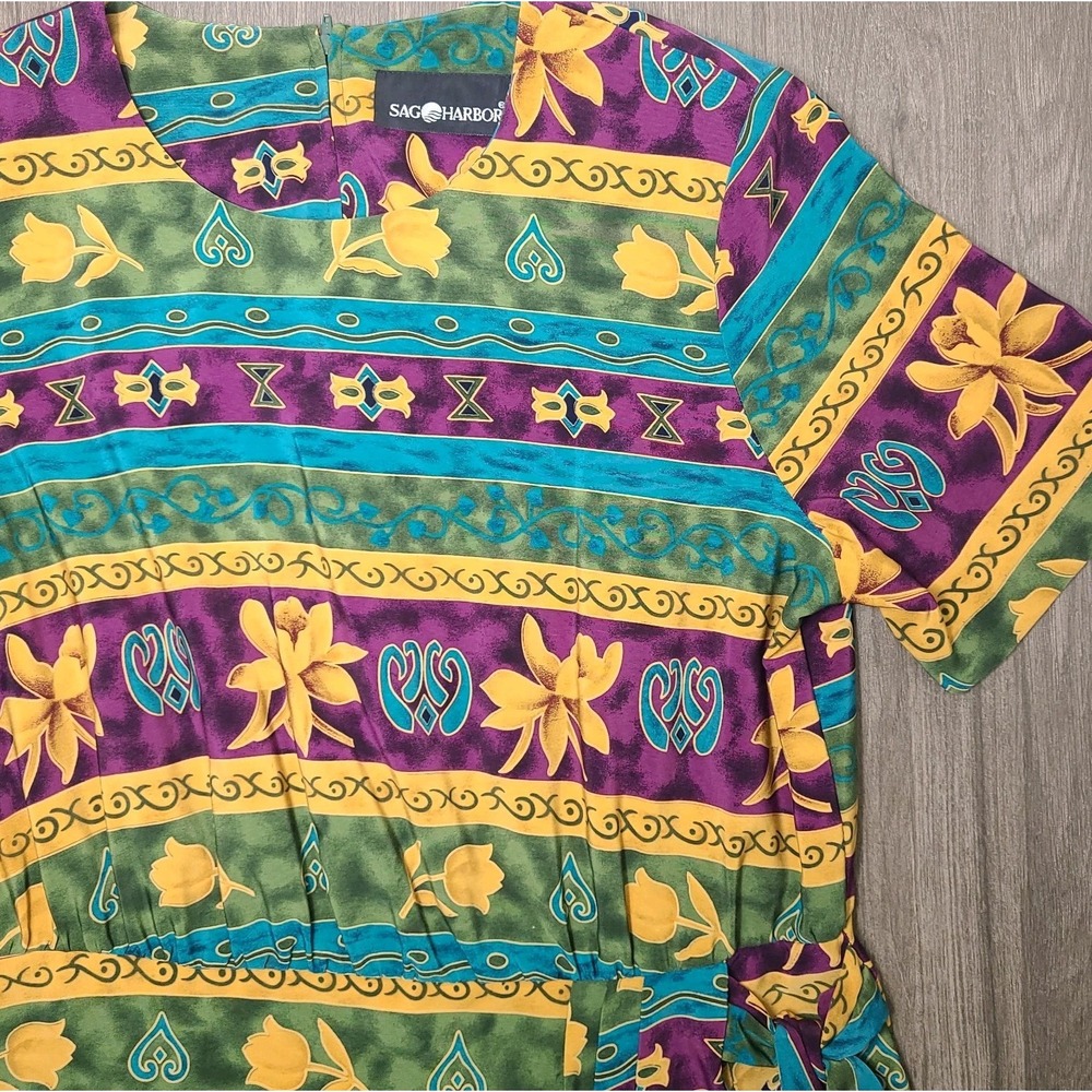 Vtg Sag Harbor Dress Size 14 Colorful Floral Stripe Faux Wrap 90s Midi Zipper